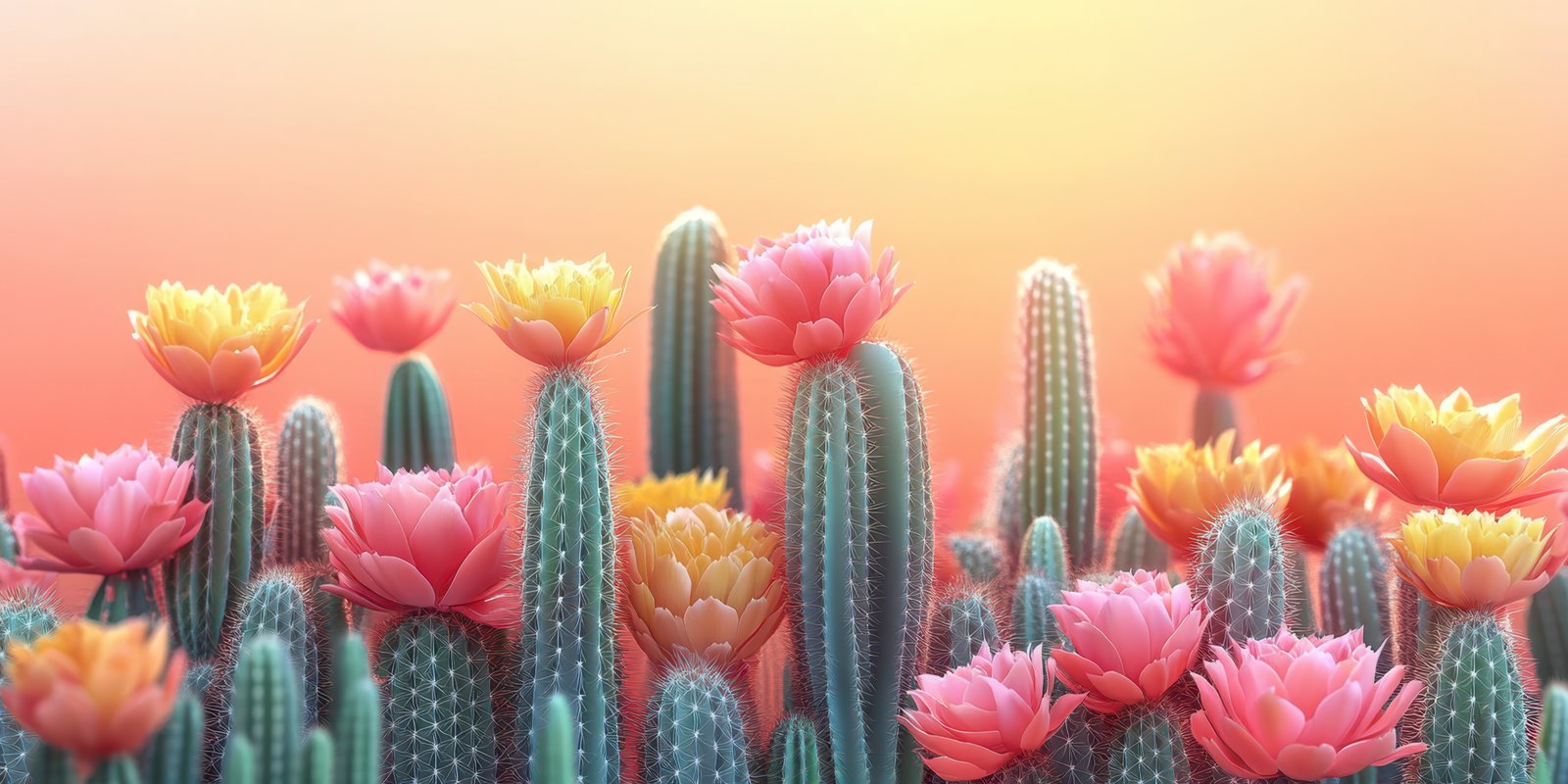 Colorful cactuses with vibrant flowers in a desert landscape during sunset